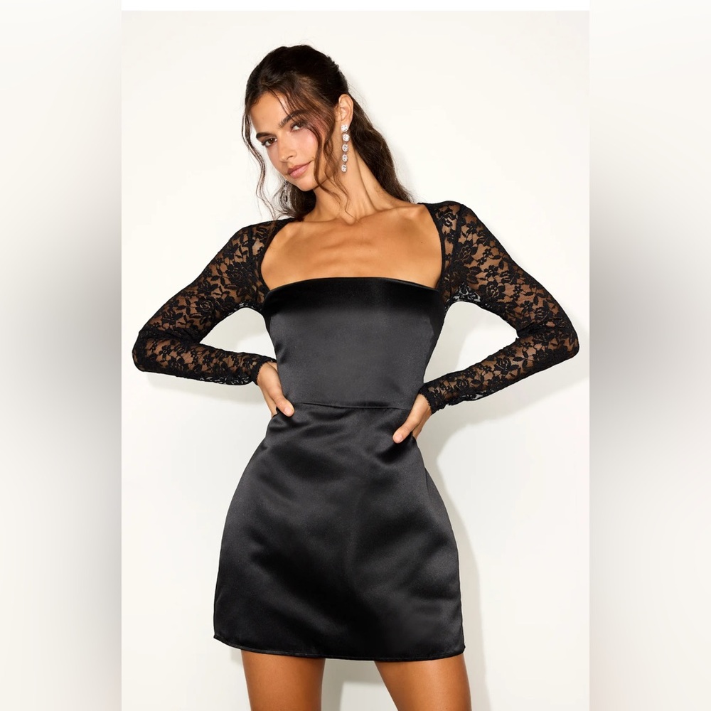 Lulu’s Prettiest Behavior Black Satin Lace Long Sleeve Mini Dress